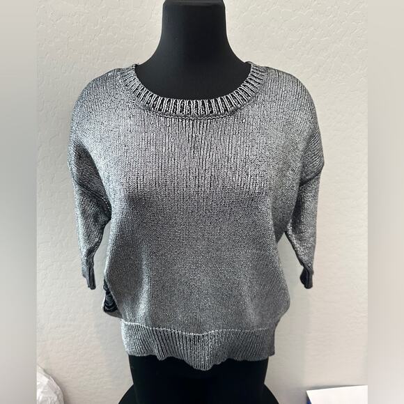GUESS | Silver Metallic Distressed Sweater Grunge Knit Pullover | Size Small - Picture 2 of 7